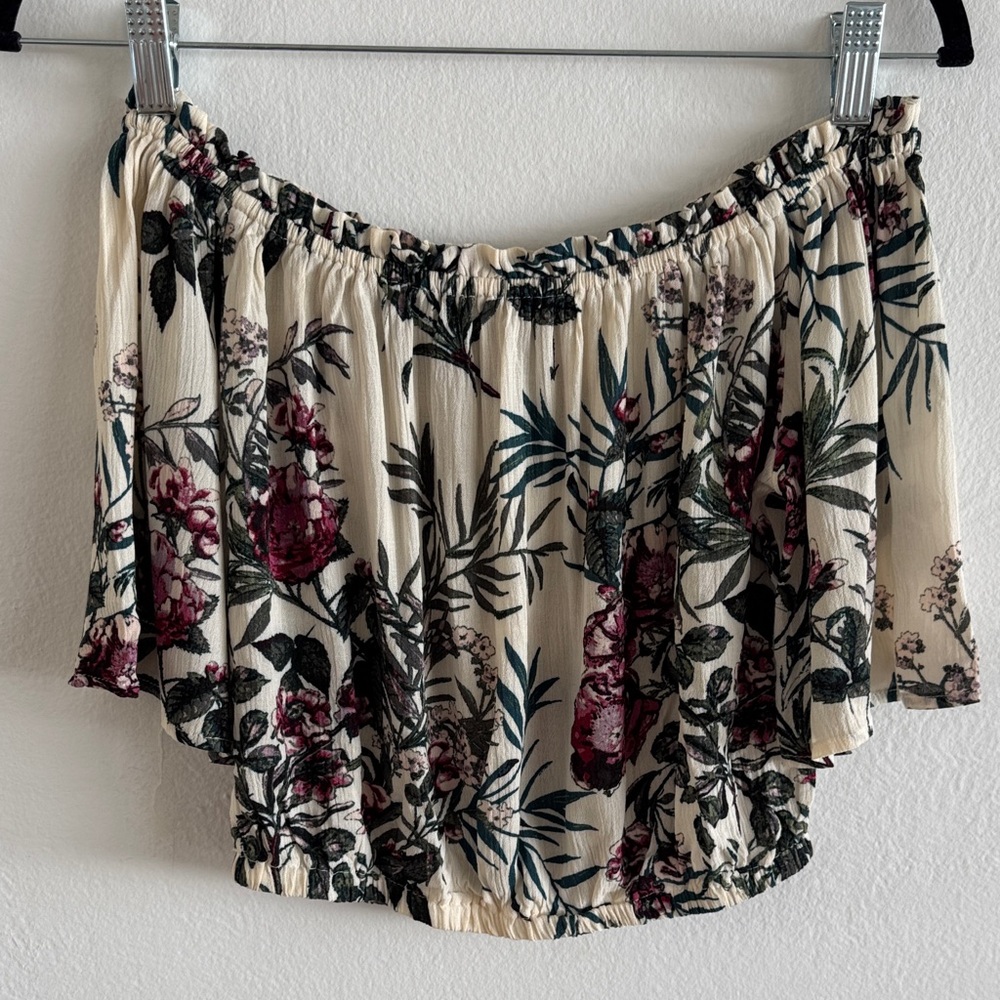 ILLA ILLA Cream Off-Shoulder Crop Top with Burgundy Floral Print